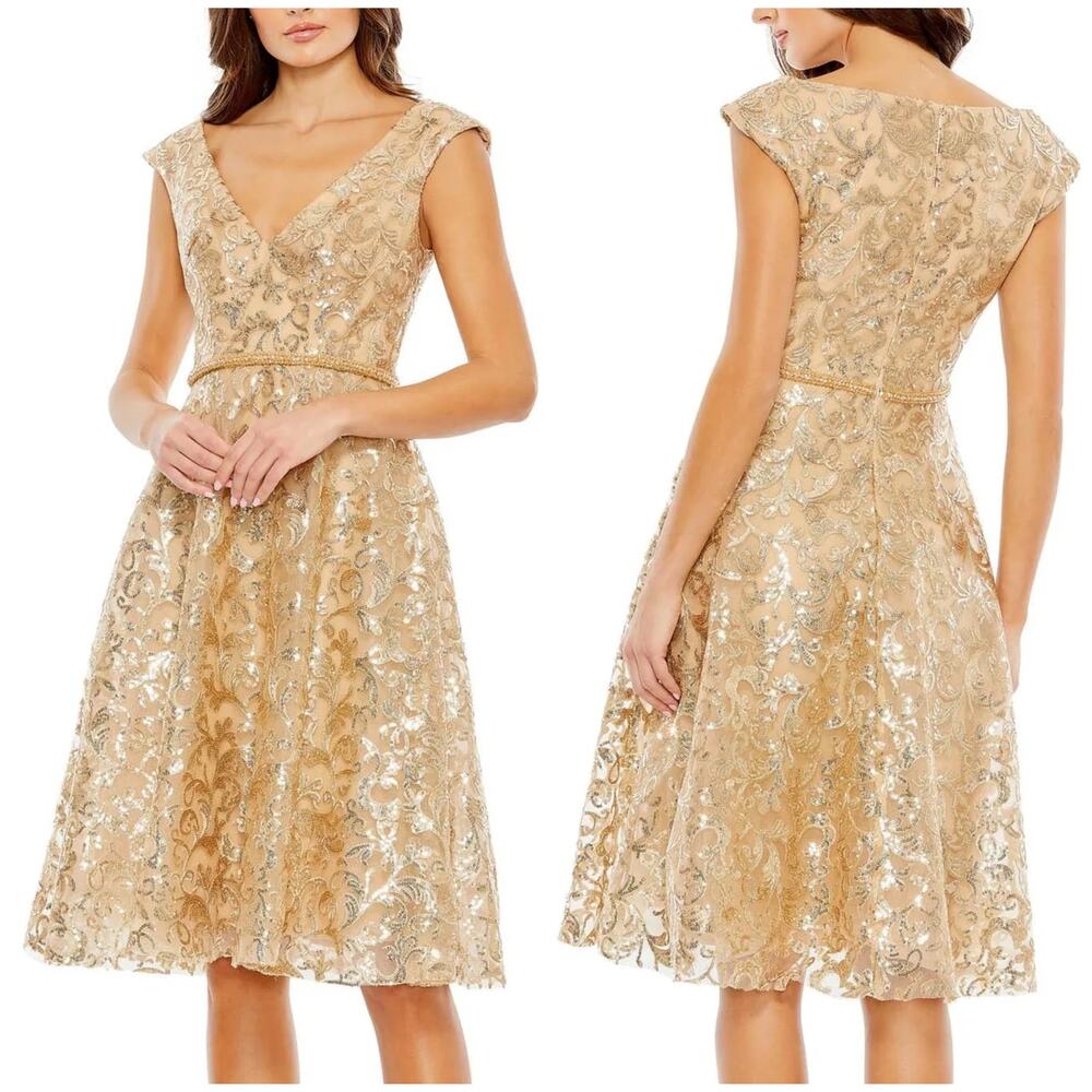 Mac Duggal NWT Gold V Neck Cap Sleeve Sequin Dress Beaded Waist Size 4 Baroque